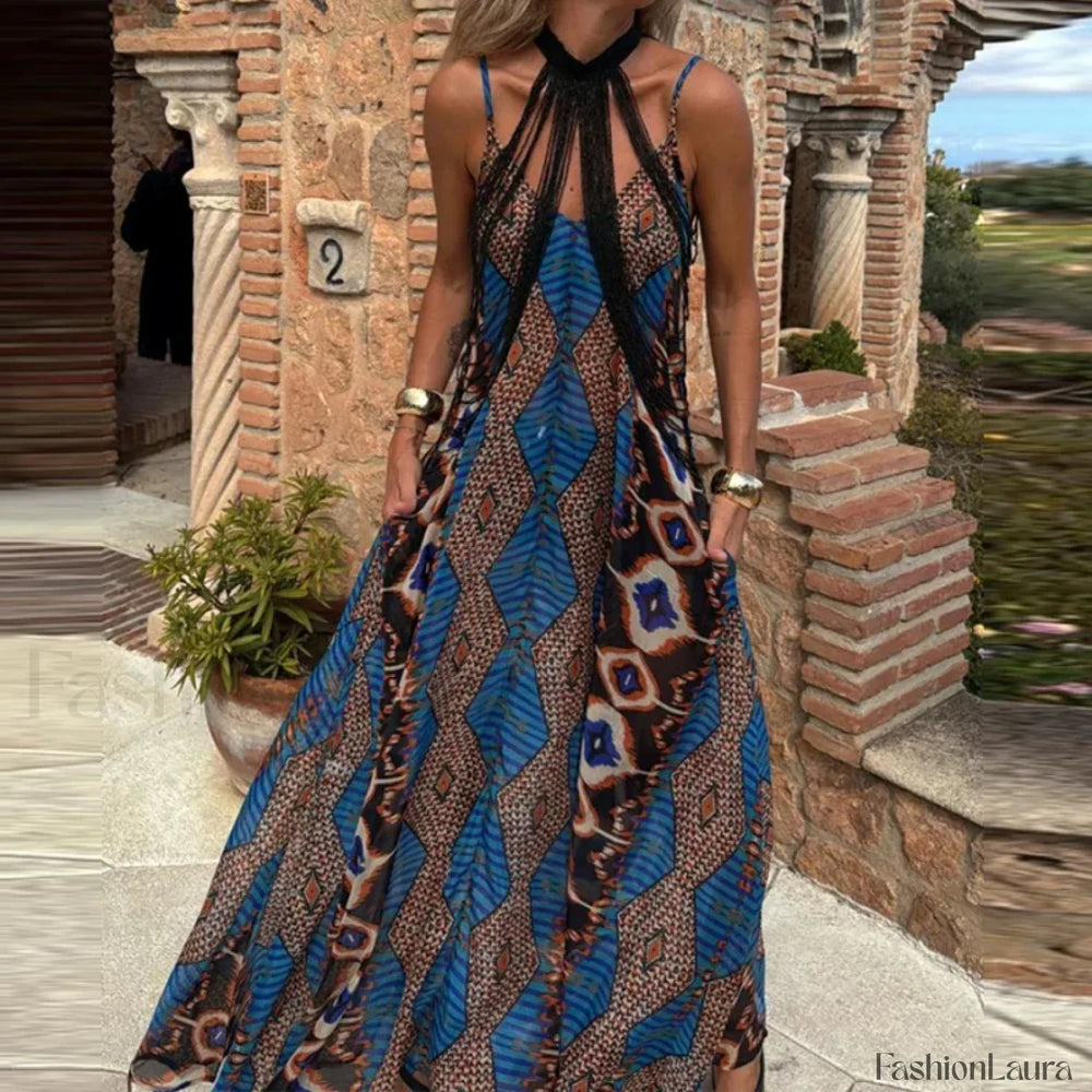 Slim Suspender Print Boho Dress 01 Print / S