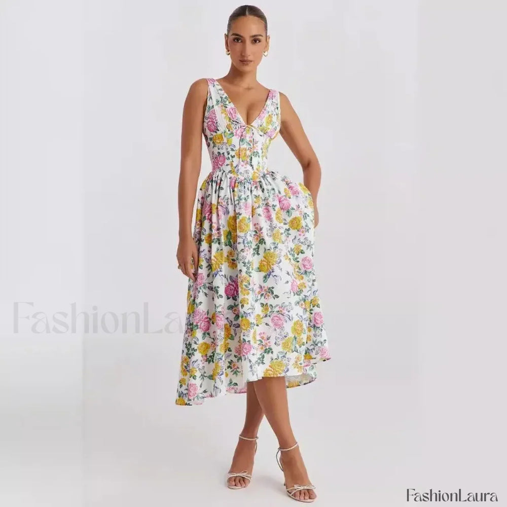 Slimming V Neck Midi Floral Dress