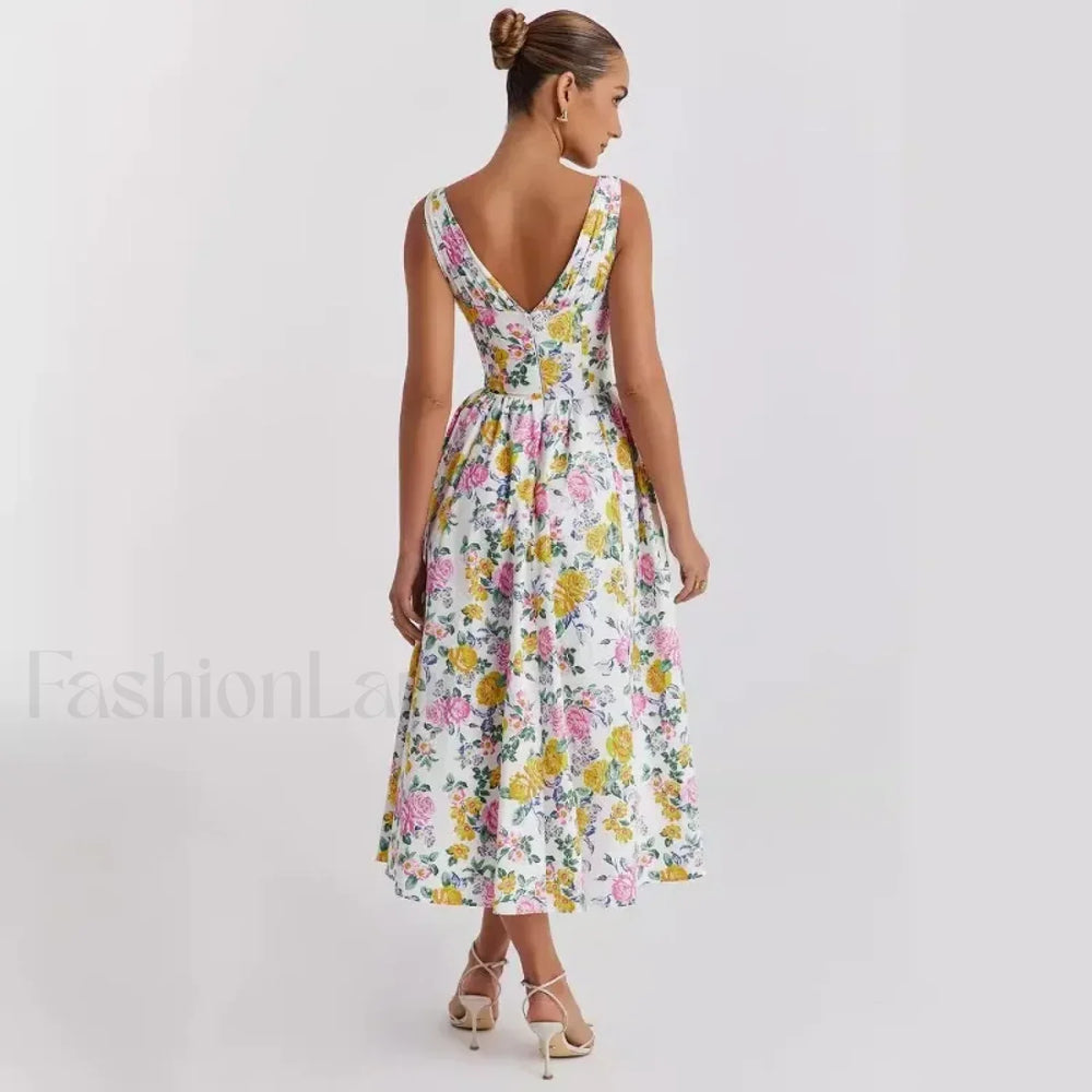 Slimming V Neck Midi Floral Dress