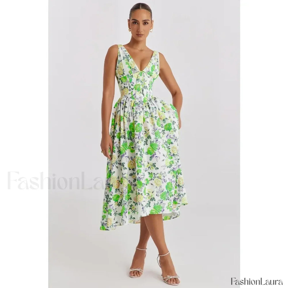 Slimming V Neck Midi Floral Dress