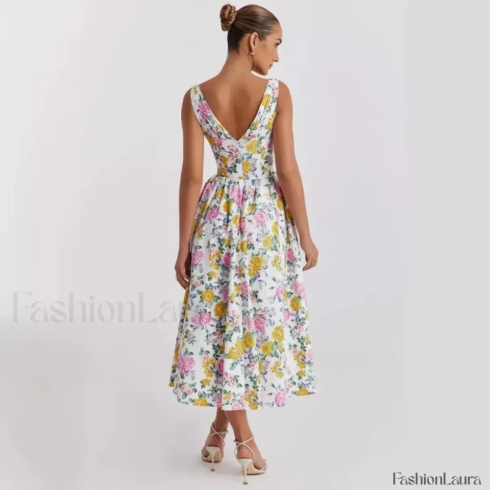 Slimming V Neck Midi Floral Dress