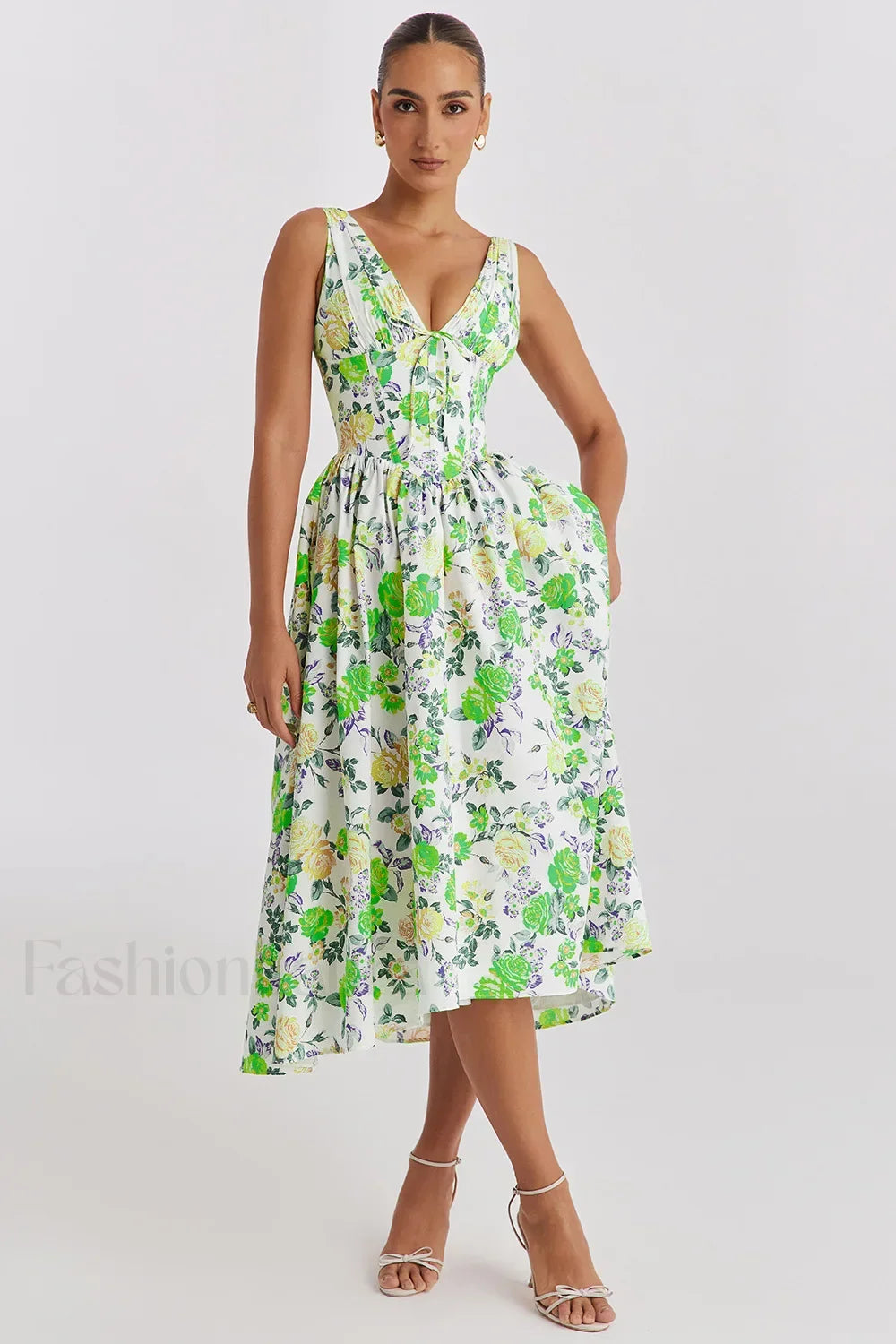 Slimming V Neck Midi Floral Dress grass green / S