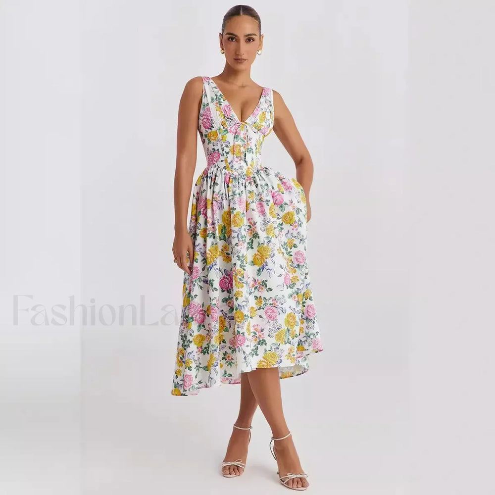 Slimming V Neck Midi Floral Dress Pink yellow / S
