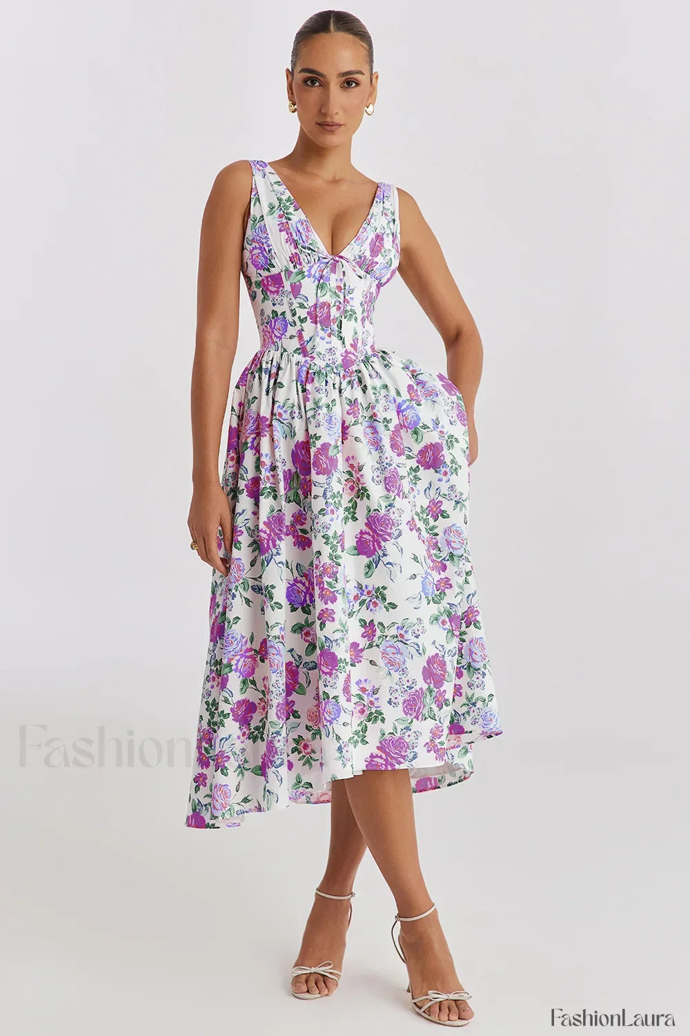 Slimming V Neck Midi Floral Dress Purple / S