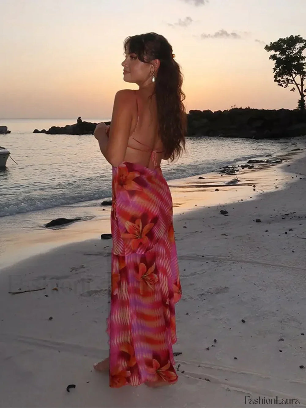 Sling Lace Up Maxi Floral Dress