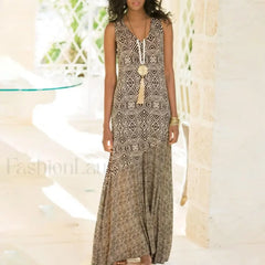 Sling V Neck Geometric Boho Dress Khaki / S