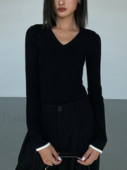 Slinky V neck Collar Trendy Ribbed Knit Top Sweaters L