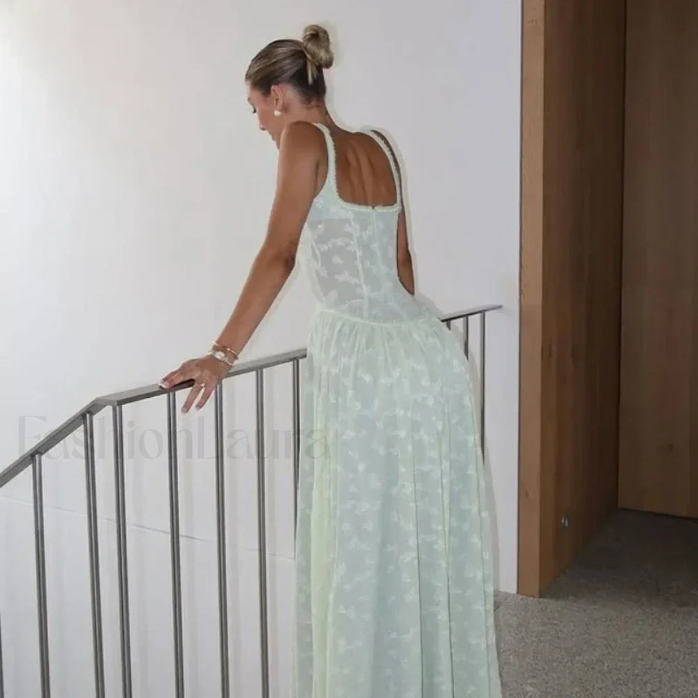 Slit Embroidered Mesh Maxi Dress