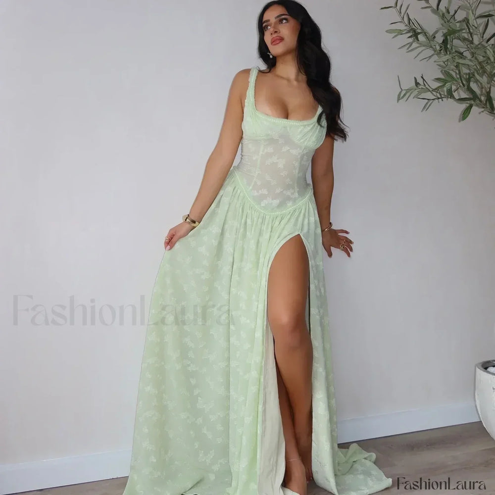 Slit Embroidered Mesh Maxi Dress Green / S
