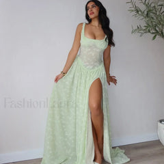 Slit Embroidered Mesh Maxi Dress Green / S