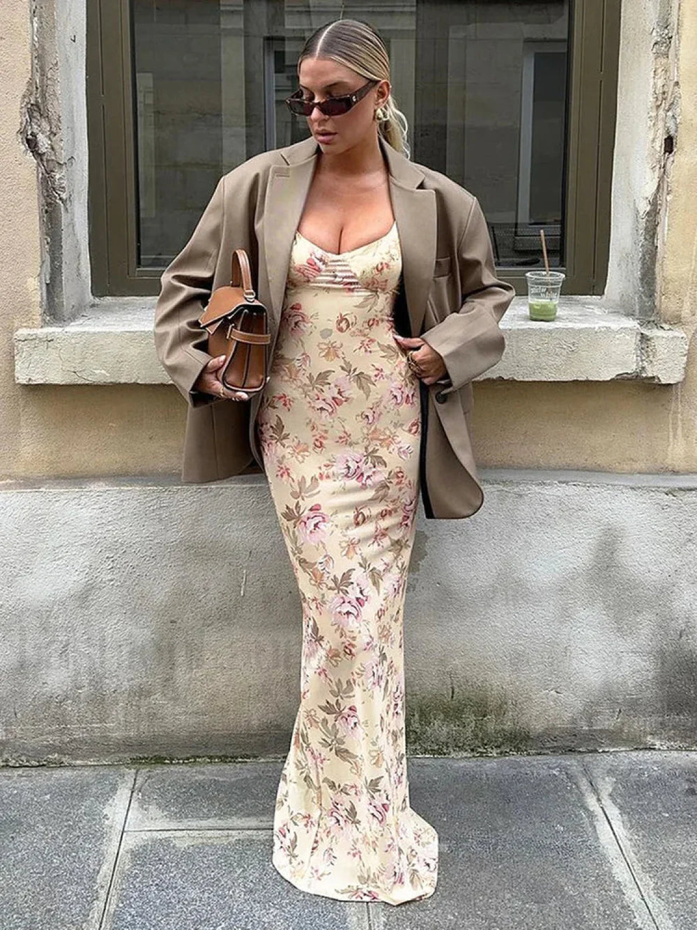 Slit Flower Suspender Maxi Dress