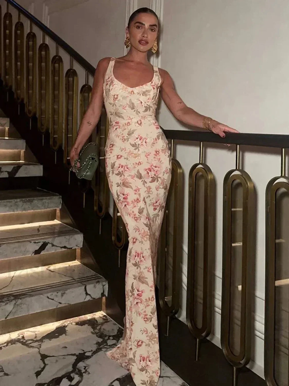 Slit Flower Suspender Maxi Dress