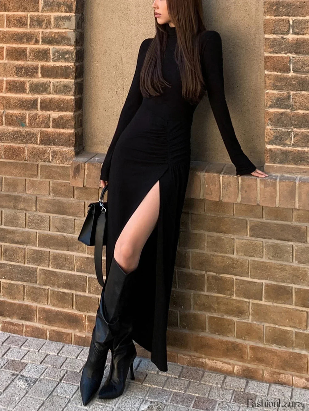Slit Pleated Long Sleeve Bodycon Mock Neck Long Dress Dresses