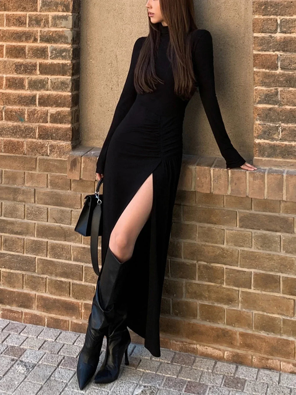 Slit Pleated Long Sleeve Modern Bodycon Mock Neck Long Dress Dresses