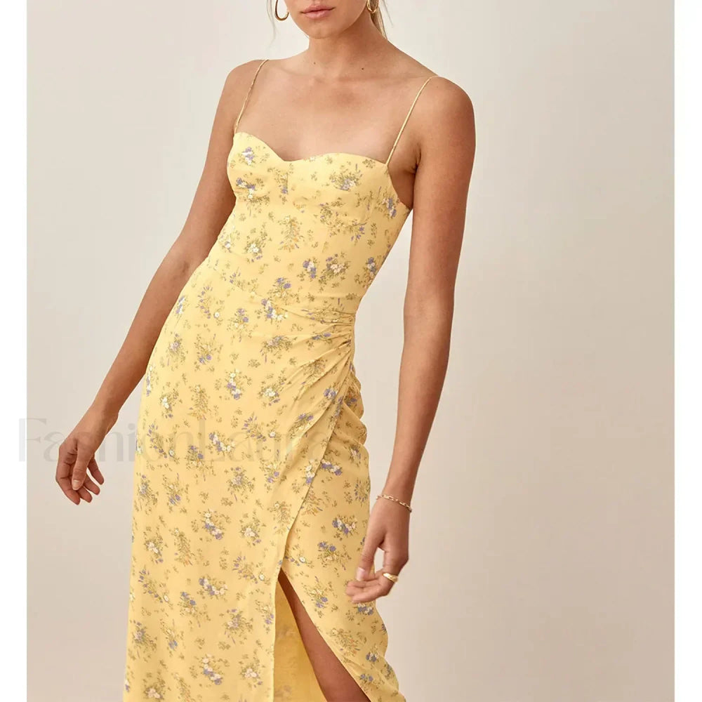 Slit Spaghetti Chiffon Floral Dress