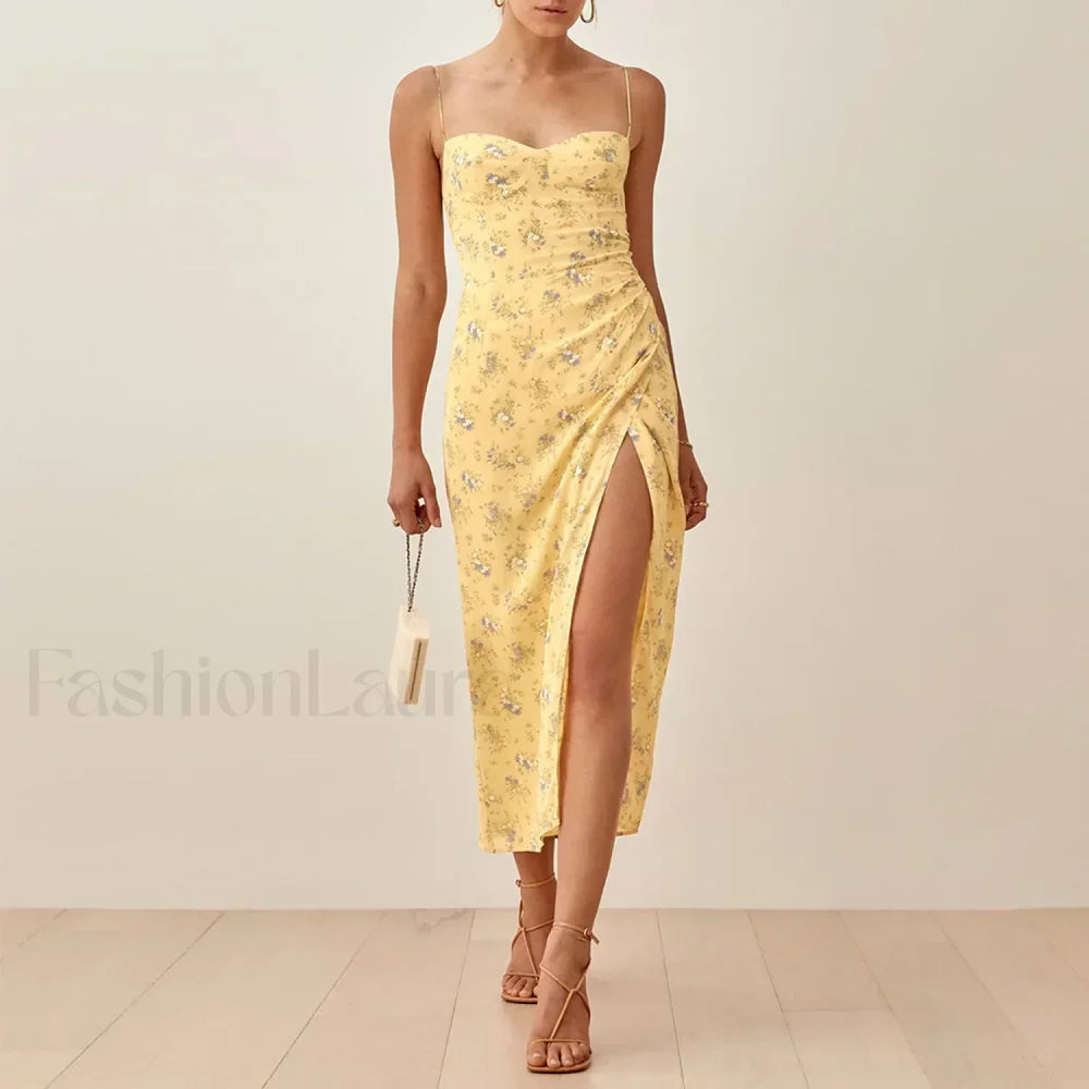 Slit Spaghetti Chiffon Floral Dress