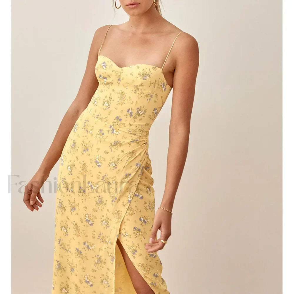 Slit Spaghetti Chiffon Floral Dress