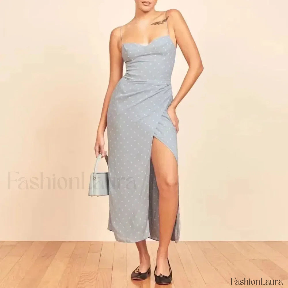 Slit Spaghetti Chiffon Floral Dress blue / S