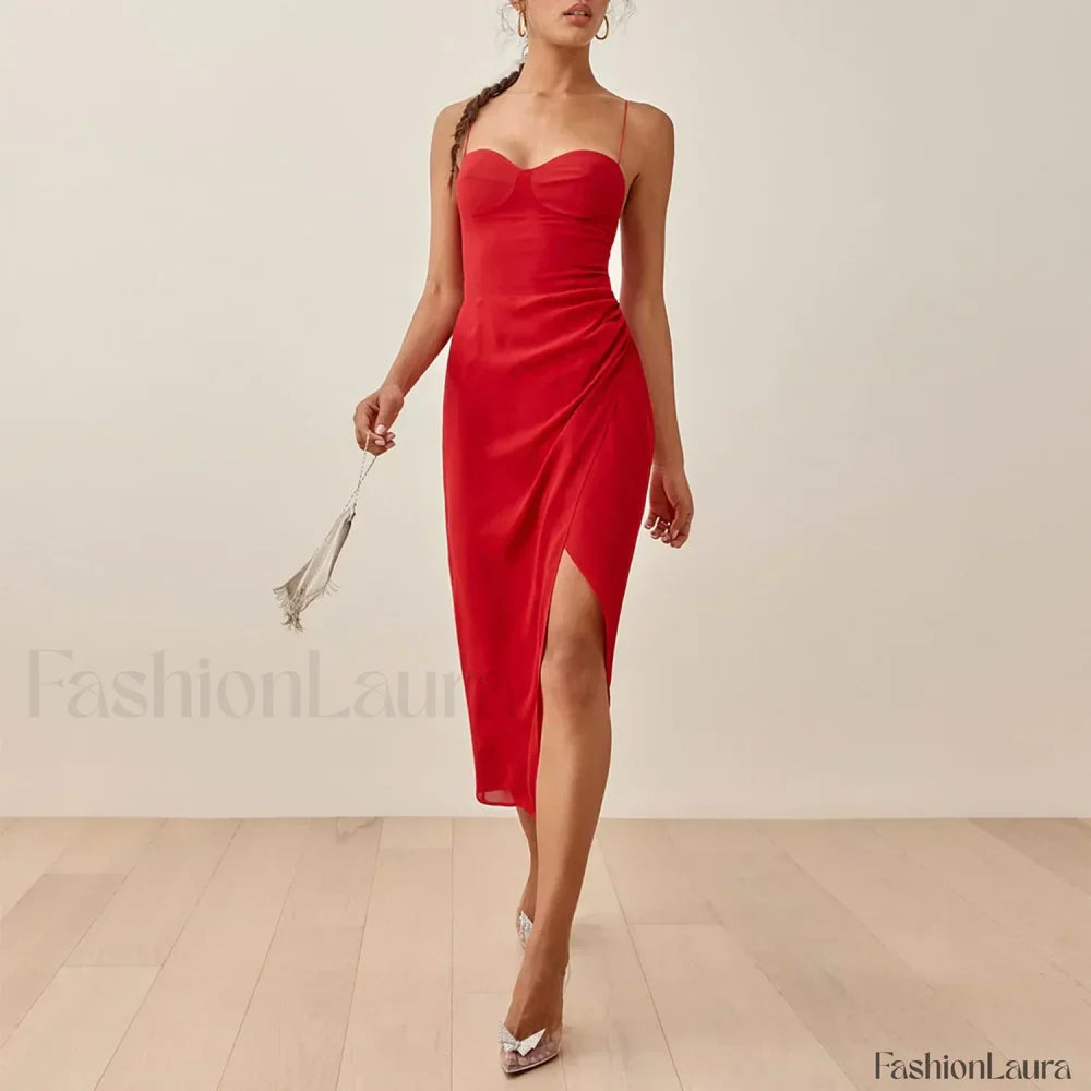 Slit Spaghetti Chiffon Floral Dress red / S