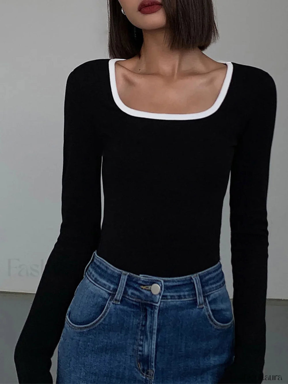 Sliver Lining Contrast Neckline Long Sleeve Top Black / XS T Shirts