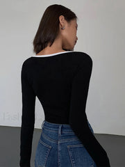Sliver Lining Contrast Neckline Long Sleeve Top T Shirts