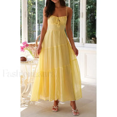 Smocked Bow Front Midi Dress Yellow / S