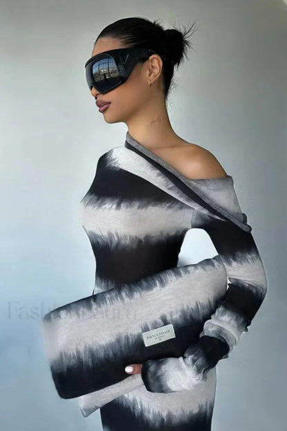 Smudged Black and White Stripes Asymmetrical Slanted Shoulder Maxi Dress