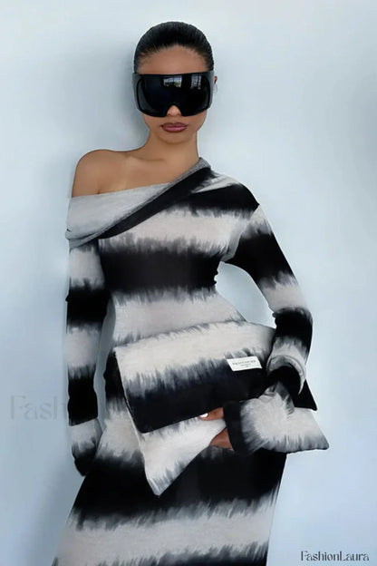 Smudged Black and White Stripes Asymmetrical Slanted Shoulder Maxi Dress
