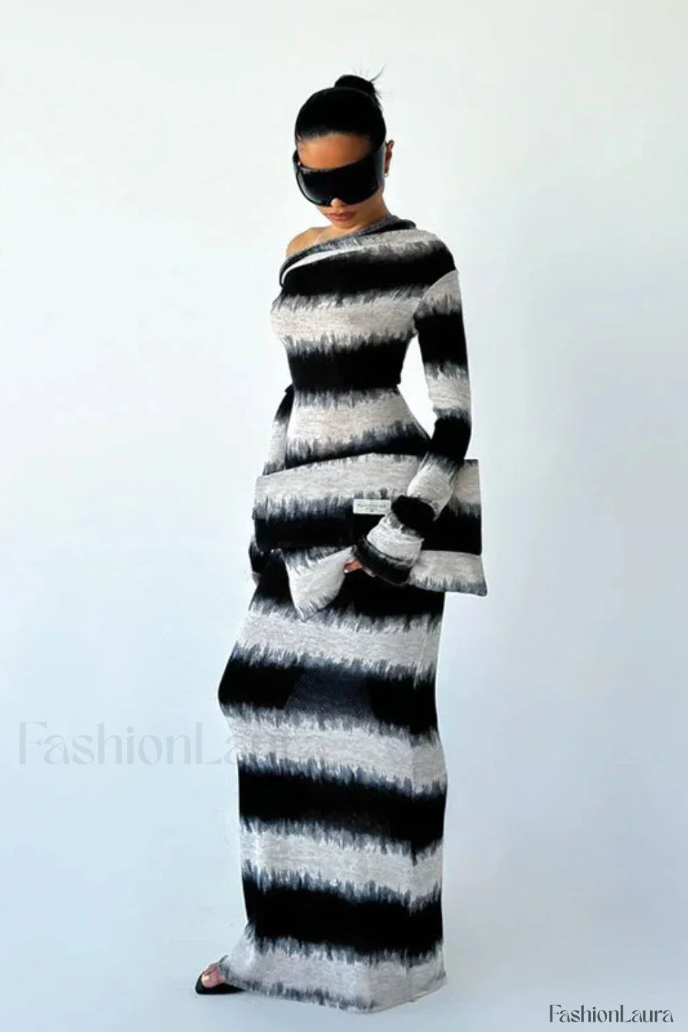 Smudged Black and White Stripes Asymmetrical Slanted Shoulder Maxi Dress
