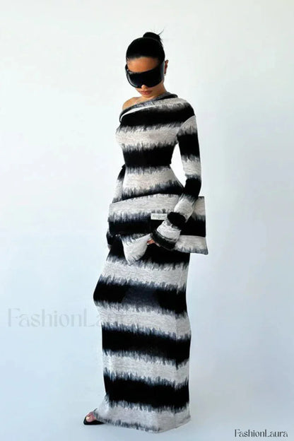 Smudged Black and White Stripes Asymmetrical Slanted Shoulder Maxi Dress
