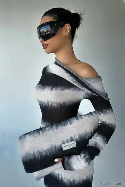 Smudged Black and White Stripes Asymmetrical Slanted Shoulder Maxi Dress