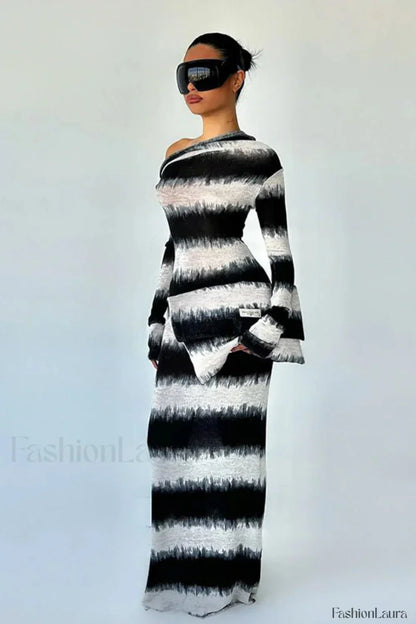 Smudged Black and White Stripes Asymmetrical Slanted Shoulder Maxi Dress Stripes / S