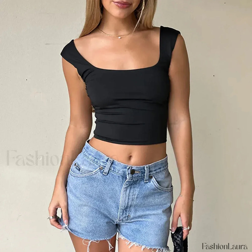 Solid Back Tie Up Crop Top Black / S
