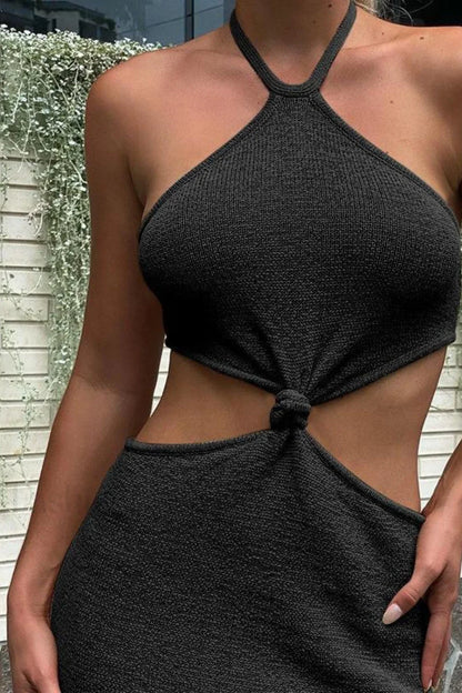 Solid Backless Halter Bodycon Work Dress 黑色 / S