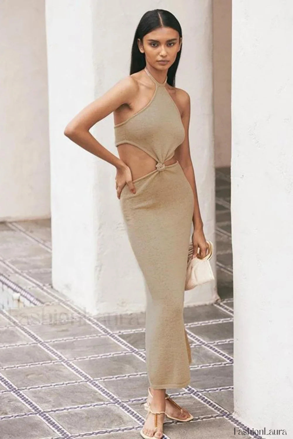 Solid Backless Halter Bodycon Work Dress 卡其 / S