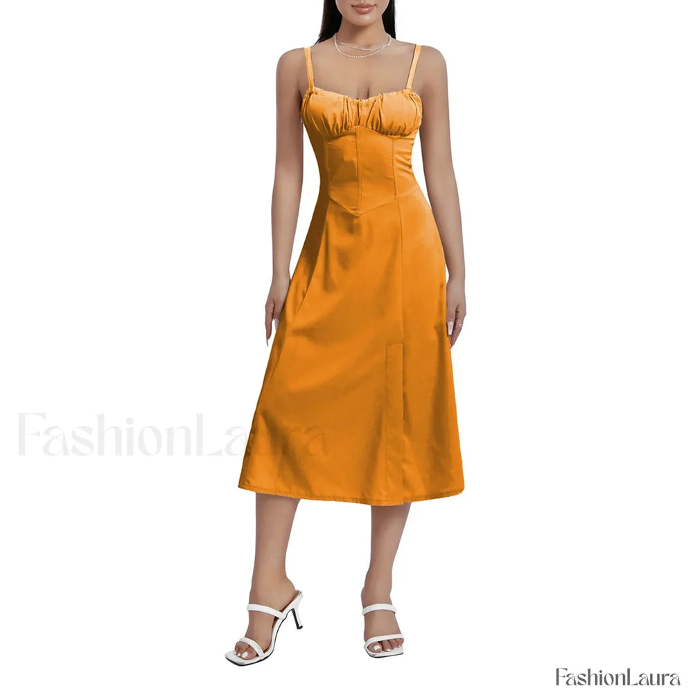 Solid Bandage A Line Midi Dress Orange / S