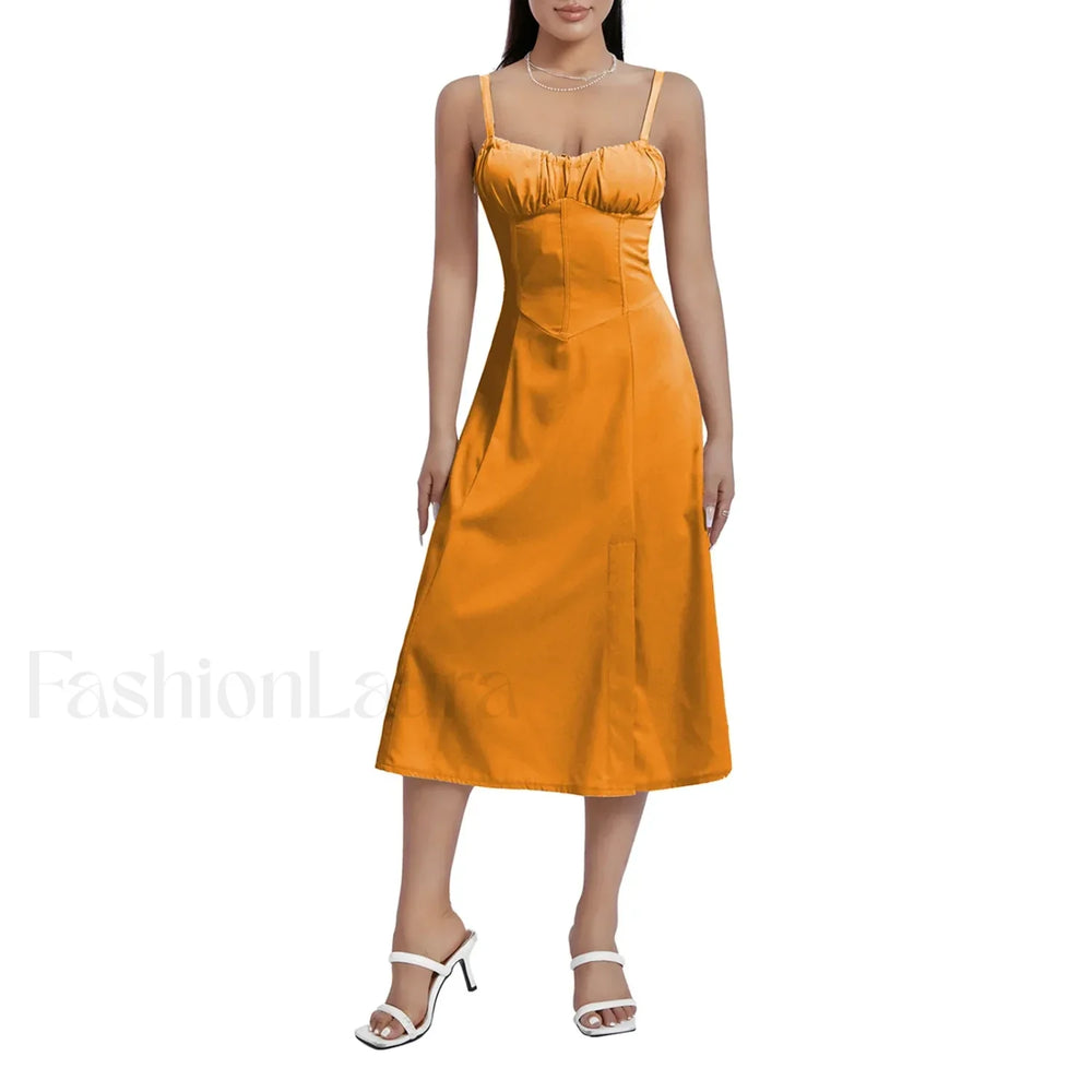 Solid Bandage A Line Midi Dress Orange / S