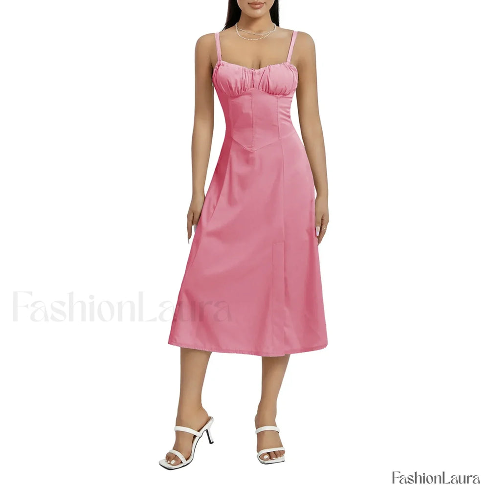 Solid Bandage A Line Midi Dress Pink / S