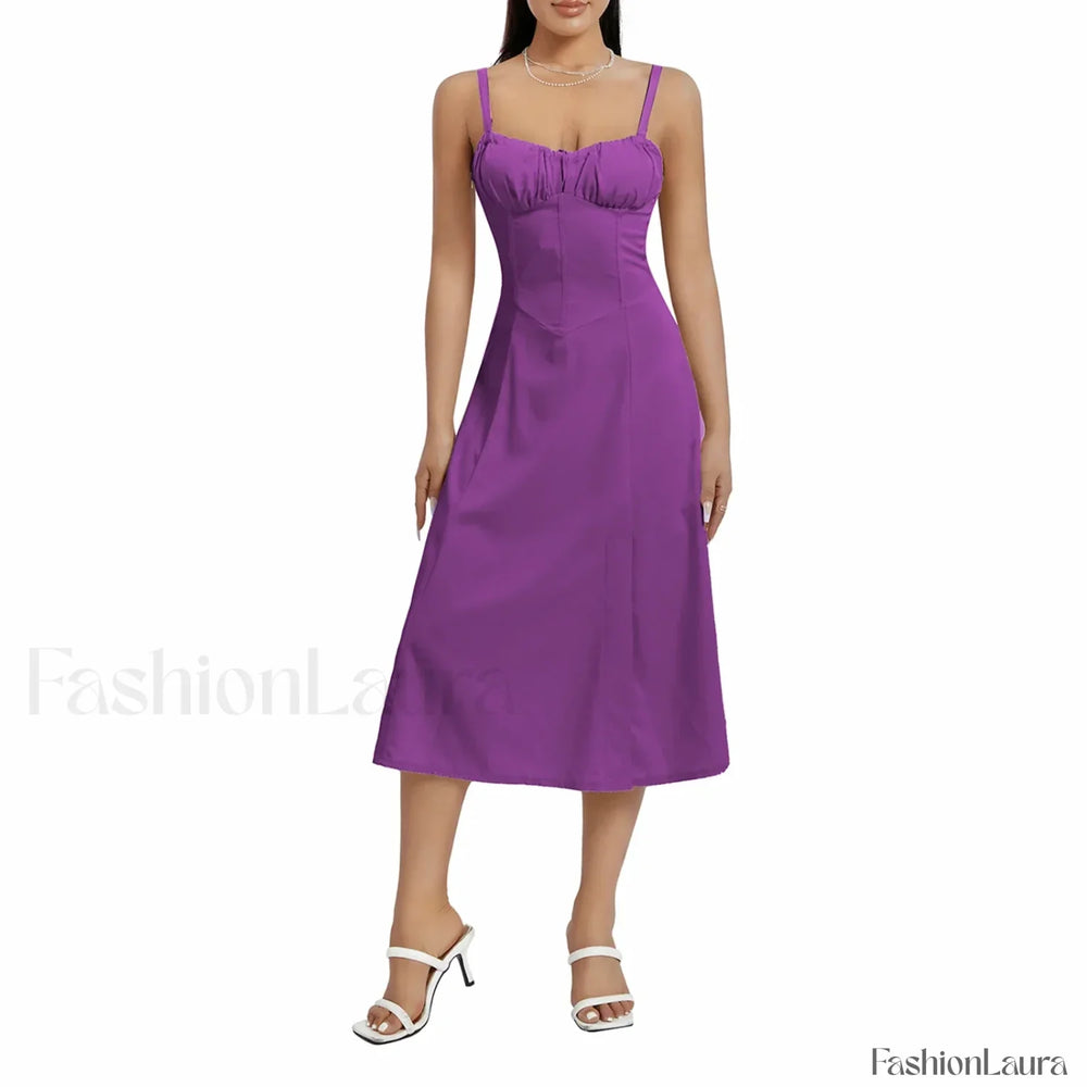 Solid Bandage A Line Midi Dress PURPLE / S