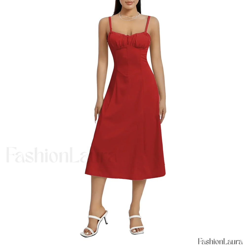 Solid Bandage A Line Midi Dress Red / S