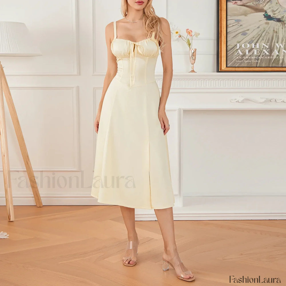 Solid Bandage A Line Midi Dress Yellow / S