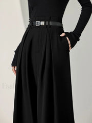 Solid Belted Pleated Wide Leg Pants Pants