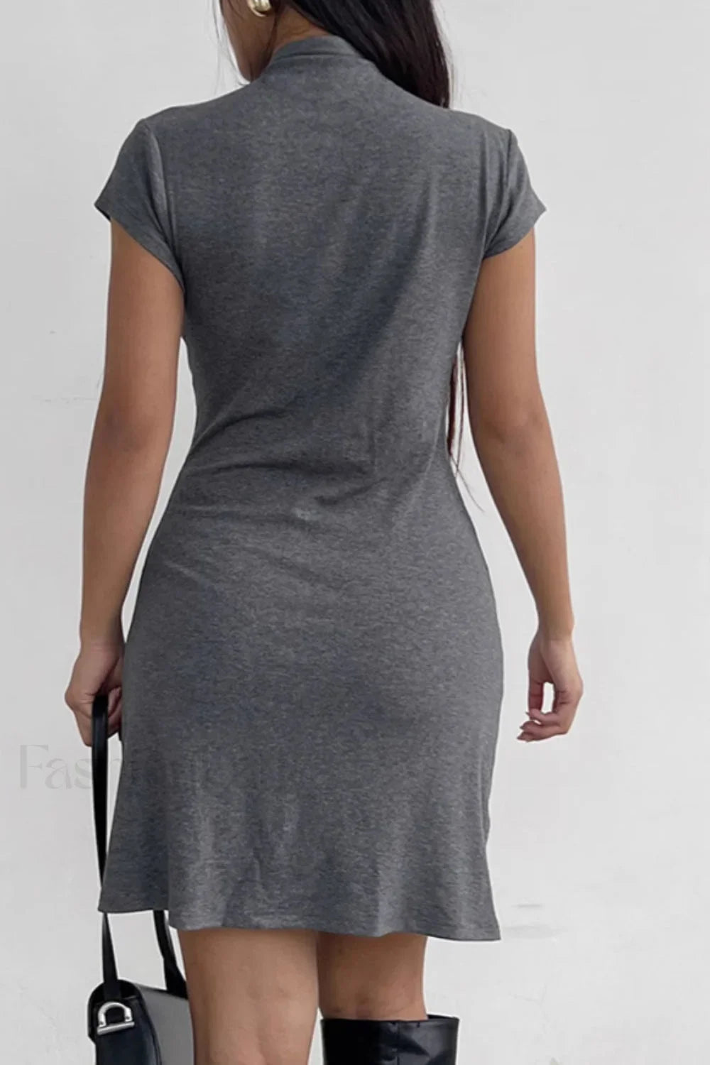 Solid Buttoned High Collar Bodycon A Line Work Dress