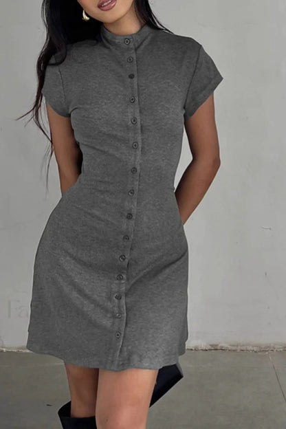 Solid Buttoned High Collar Bodycon A Line Work Dress Grey / S