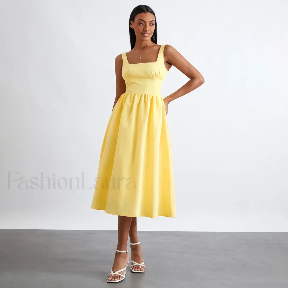 Solid Cami High Waist Midi Dress Yellow / S