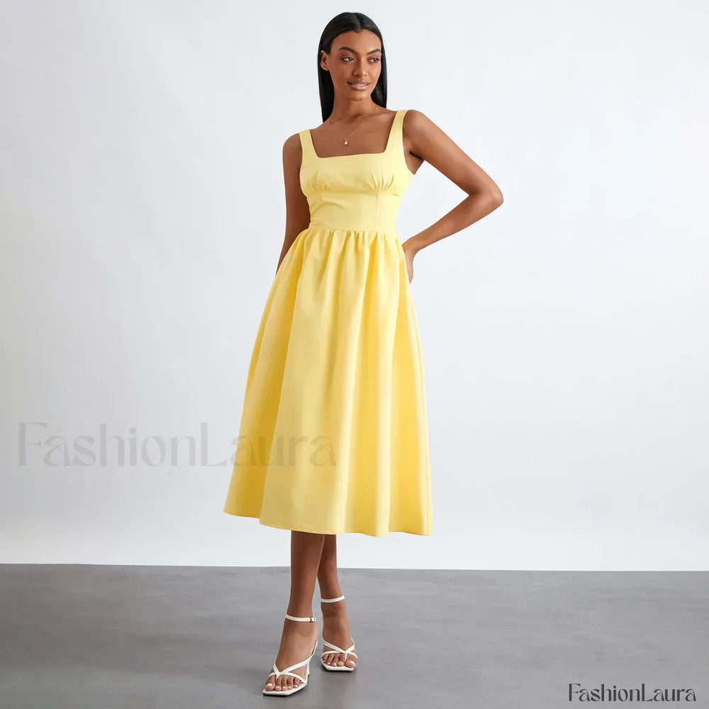 Solid Cami High Waist Midi Dress Yellow / S