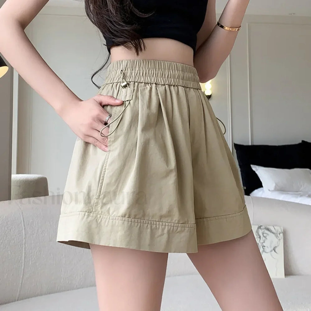 Solid Color A line High Waist Elastic Loose Shorts