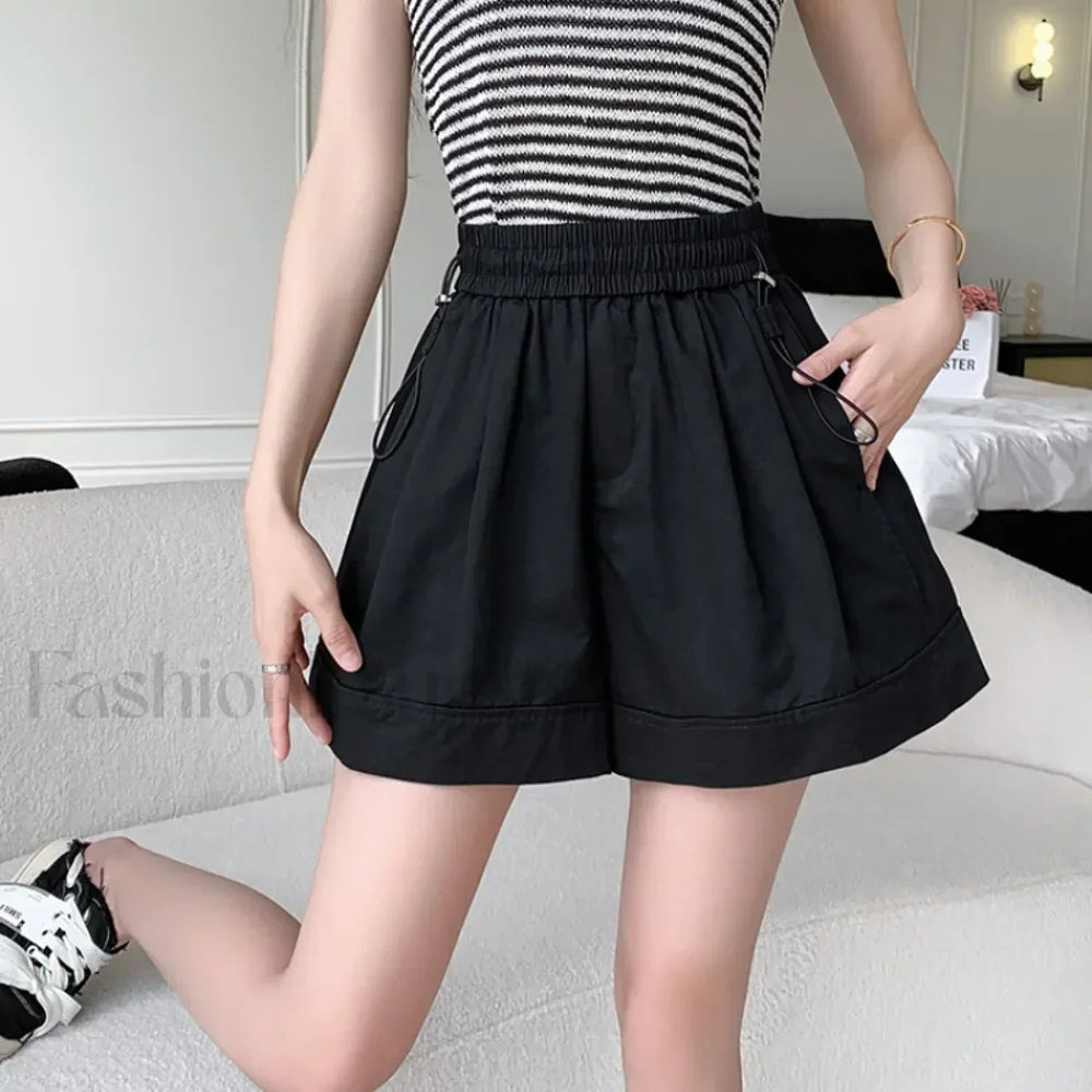 Solid Color A line High Waist Elastic Loose Shorts Black / S