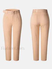 Solid Color Belted Pencil Pants Pants