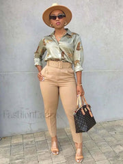 Solid Color Belted Pencil Pants Khaki / M Pants